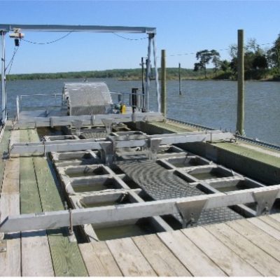 This is a floating, paddlewheel operated upweller. The paddlewheel pushes water through the upweller containers (instead of cylinders they are rectangular boxes) in the same manner as onshore upwellers that utilize pumped water from an adjacent water source.